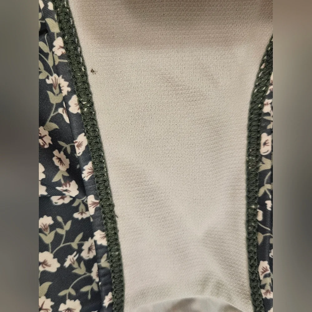 SWIMSUIT One Piece L green white floral ruched sides adjustable cottagecore VGUC